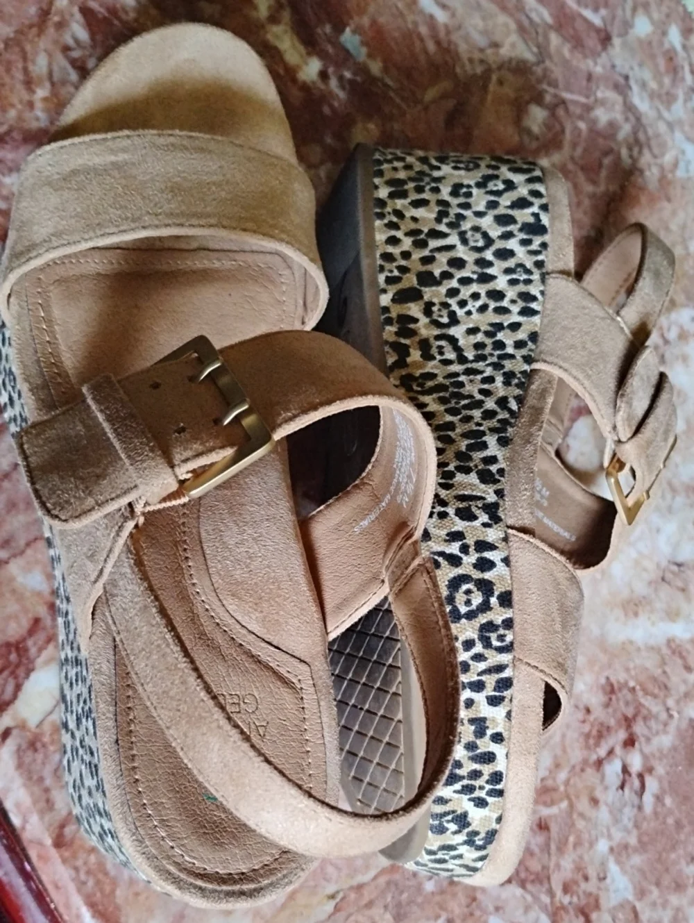 Andrew Geller Beige Suede Platform Sandals with Leopard Wedge